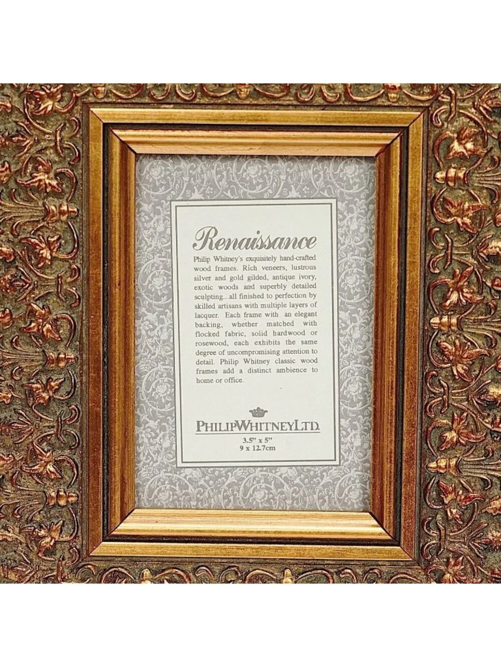PHILIP WHITNEY Renaissance Ornate Frame Handcrafted Wood Antiqued Goldtone 3.5x5